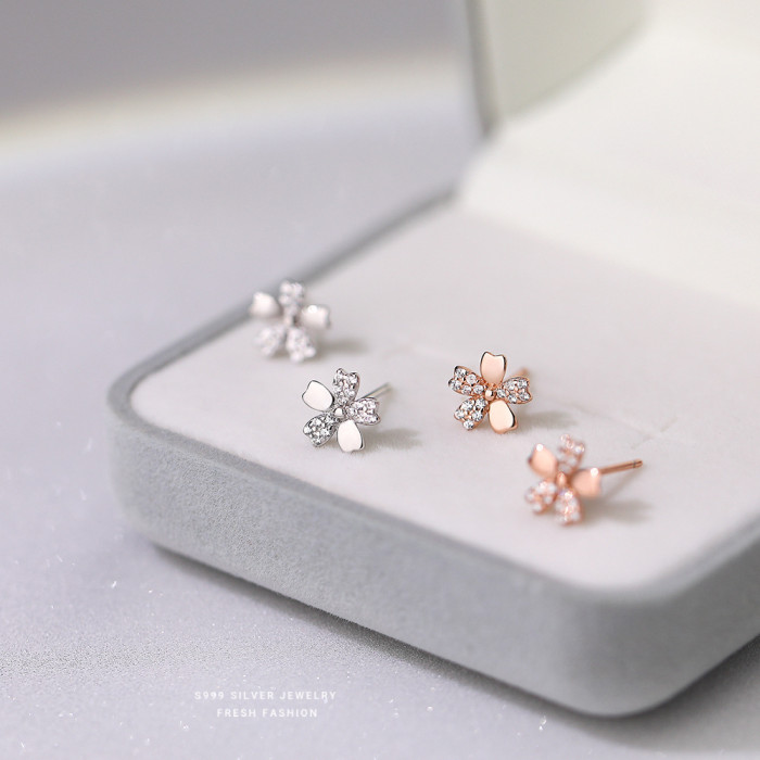 S999 Pure Silver Inlaid Diamond Cherry Blossom Earrings for Women Simple Light Luxury Fresh Sweet Girly Flower Earrings Wholesale