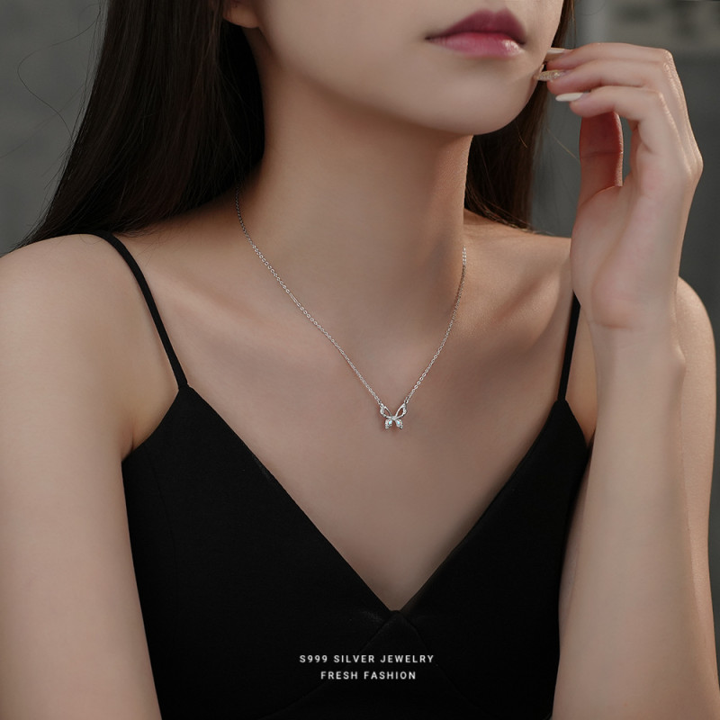 S999 Pure Silver Hollow Butterfly Necklace for Women, Light Luxury Minimalist Design, Niche High-end Pendant Collarbone Chain Wholesale