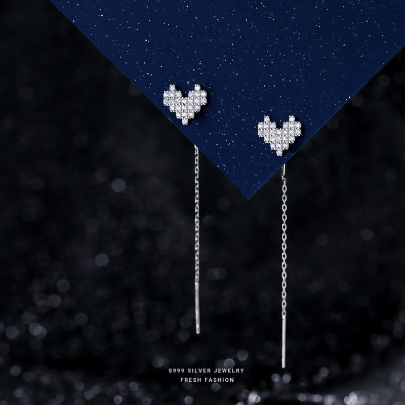 S999 Pure Silver Butterfly Heart Smile Ear Thread Elegant Simple Ear Piercing Fresh Commuting Versatile Earrings Wholesale