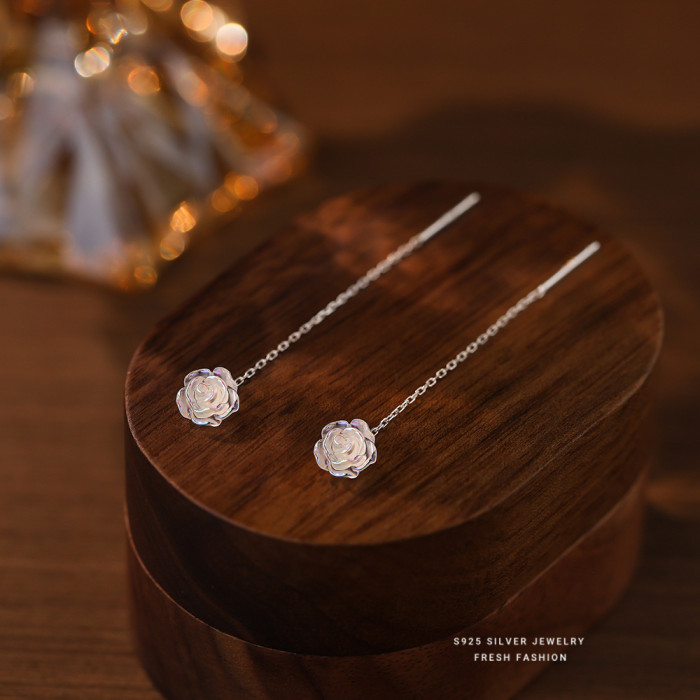 Iridescent White Rose Flower Ear Thread Female S925 Sterling Silver Light Luxury High Sense Sweet Tassel Stud Earrings Elegant Ear Jewelry Dropshipping