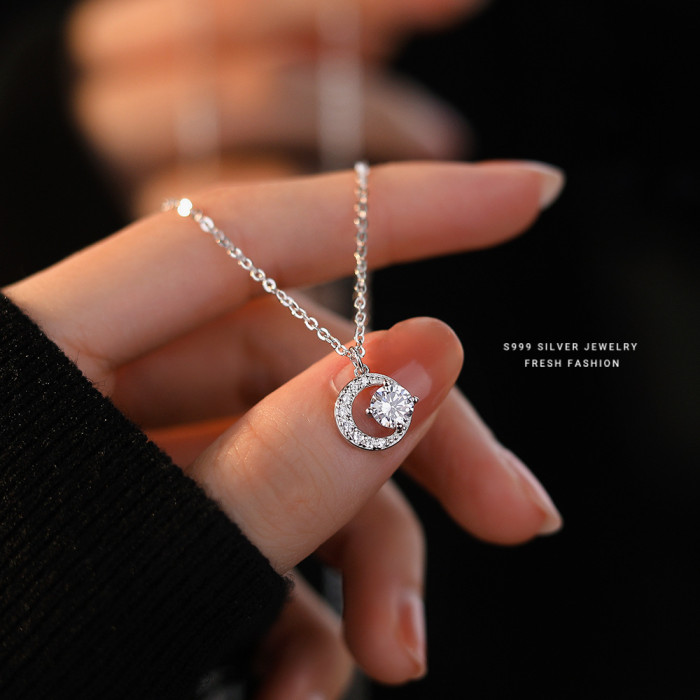 S999 Sterling Silver Crescent Shiny Zircon Necklace for Women Light Luxury High-Grade Special-Interest Design Moissanite Pure Silver Clavicle Chain