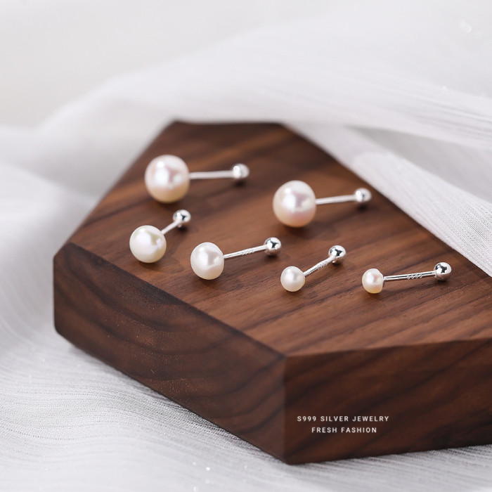 S999 Pure Silver Natural Pearl Earrings for Women Minimalist Luxury Design Versatile Elegant No-Picking Ear Piercing Earrings Wholesale