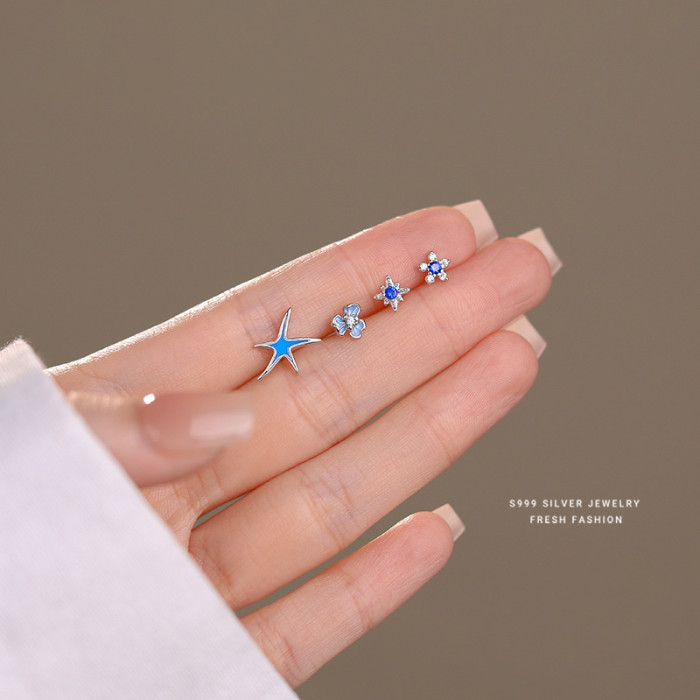 Blue Series Fresh Iris Flower Earrings for Women S999 Sterling Silver Korean Fashion Zircon Star Earrings Eight-Pointed Star