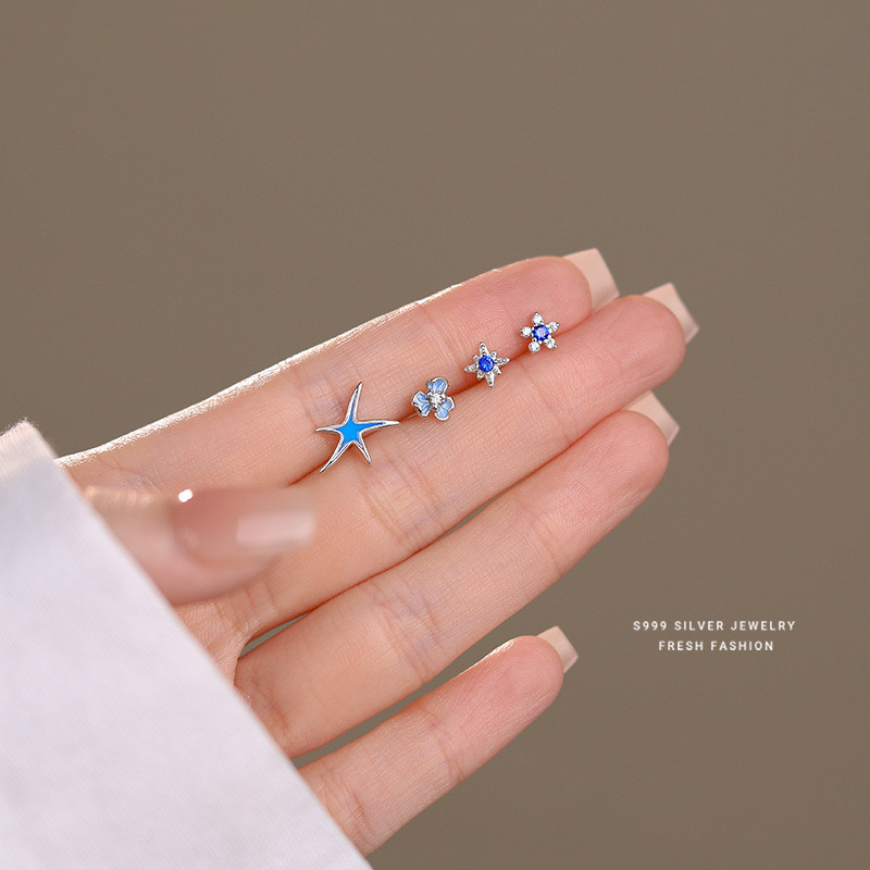 Blue Series Fresh Iris Flower Earrings for Women S999 Sterling Silver Korean Fashion Zircon Star Earrings Eight-Pointed Star