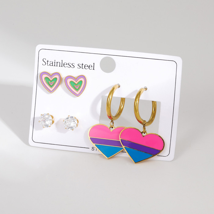 Stainless Steel Earring Set Light Luxury High-End Oil Drop Heart Rainbow Earrings Niche Design Sense Cross-Border Titanium Steel Earrings