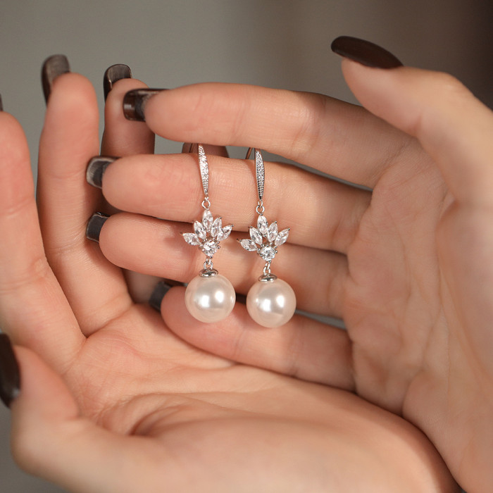 French Style Light Luxury Shijia Pearl Lotus Earrings for Women S999 Pure Silver High-end Elegant Full Silver Ear Hooks Bridal Earrings
