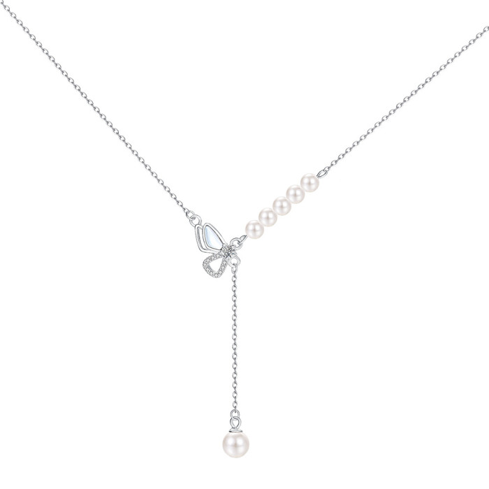 S925 Sterling Silver Shijia Pearl Micro Inlay Butterfly Necklace for Women, Splicing Pearl Tassel Niche Design, Light Luxury Collarbone Chain