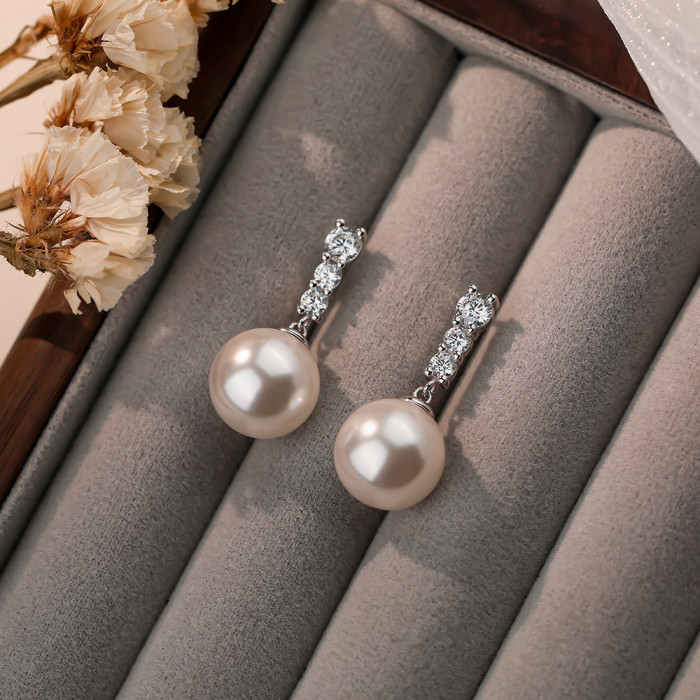 S999 Pure Silver French Micro Inlaid Pearl Earrings for Women, Starry Sky Tassel Shijia Pearl Studs, Light Luxury High-end Feel