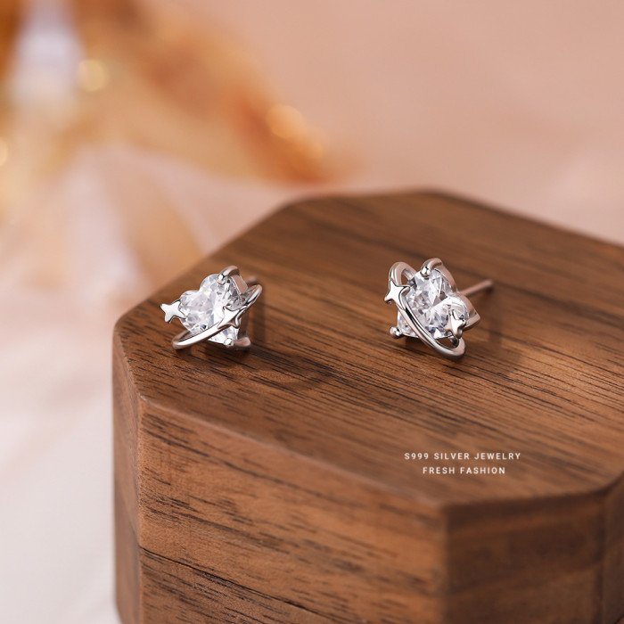 S999 Pure Silver Heart Zircon Surrounding Meteor Earrings for Women, Forest Style Sweet Temperament Cute INS Style Niche Earrings
