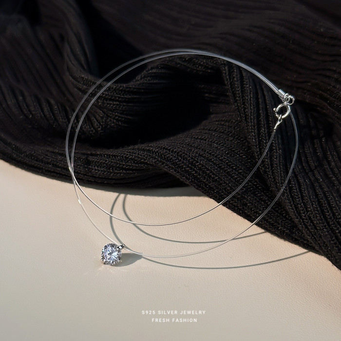Sterling Silver Invisible Fish Line Moissanite Necklace for Women Collarbone Chain Mermaid Elf's Tears Pendant Single Diamond Forest Style Choker