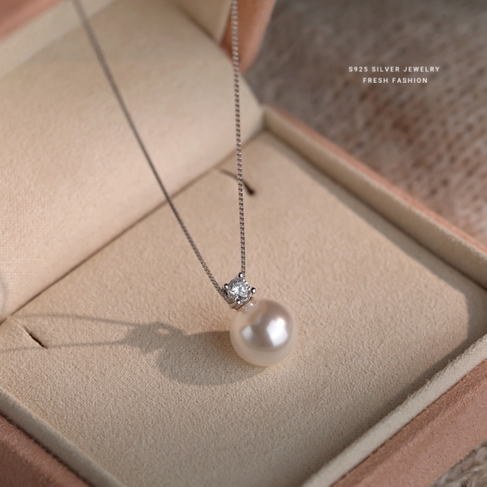 Classic Versatile Single Diamond Shijia Pearl Necklace for Women S925 Sterling Silver Clavicle Chain High-end Light Luxury Sweater Chain Dropshipping