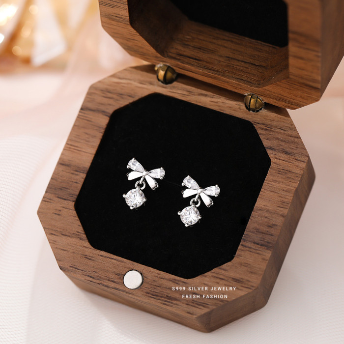 S999 Pure Silver Zircon Bow Stud Earrings Women's Light Luxury High Sense Temperamental Minority French Exquisite Design Earrings