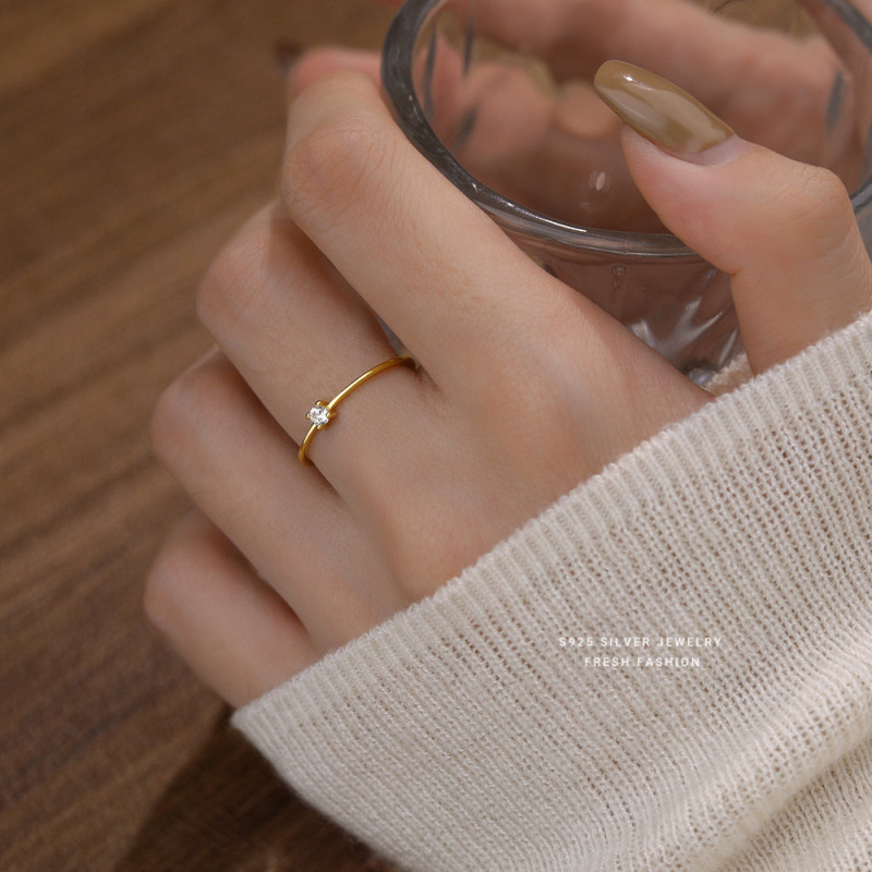 S925 Sterling Silver Gold White Zircon Ring for Women Simple Fashion Design Fresh Style Open Ring Wholesale