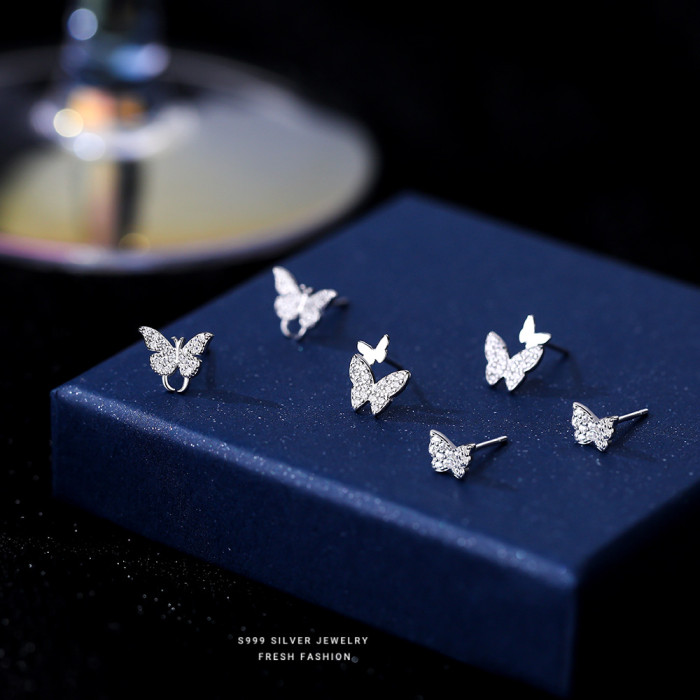 S999 Silver Inlaid Diamond Butterfly Earrings for Women Korean Version Light Luxury Simple Super Fairy Design Asymmetric Ear Cuff Earrings Wholesale