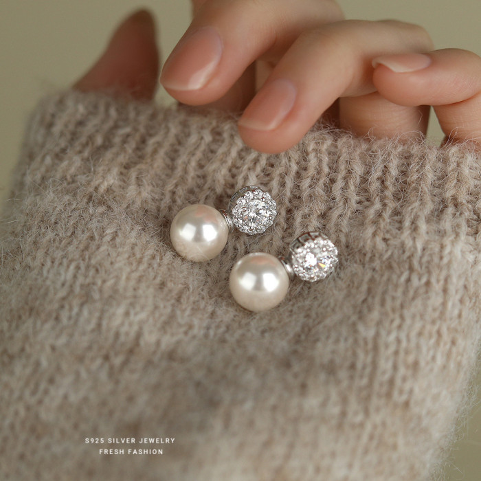 Sparkling Zircon Shijia Pearl Earrings for Women, Light Luxury High-End Versatile S925 Sterling Silver Studs, French Style Elegant Earrings