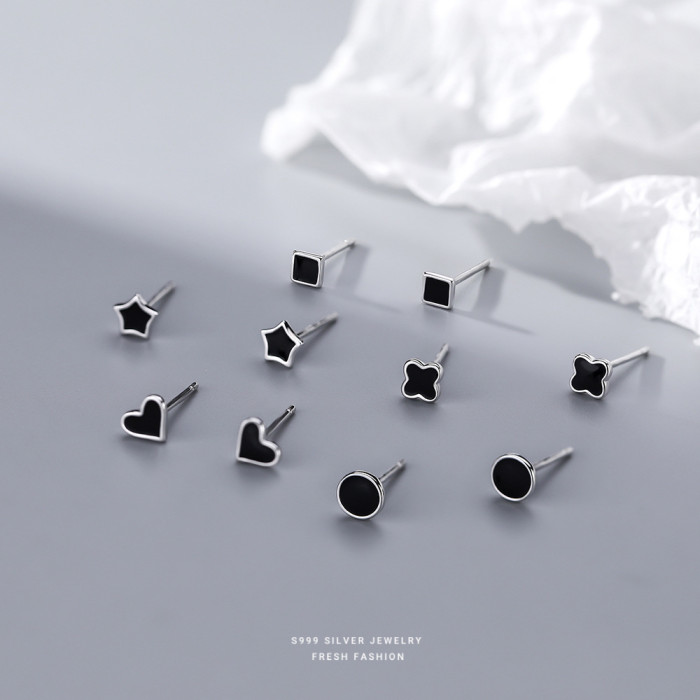 Yun Xiaoshu Silver Jewelry S999 Pure Silver Resin Clover Earrings Unisex Simple Ear Piercing Pure Silver Earrings