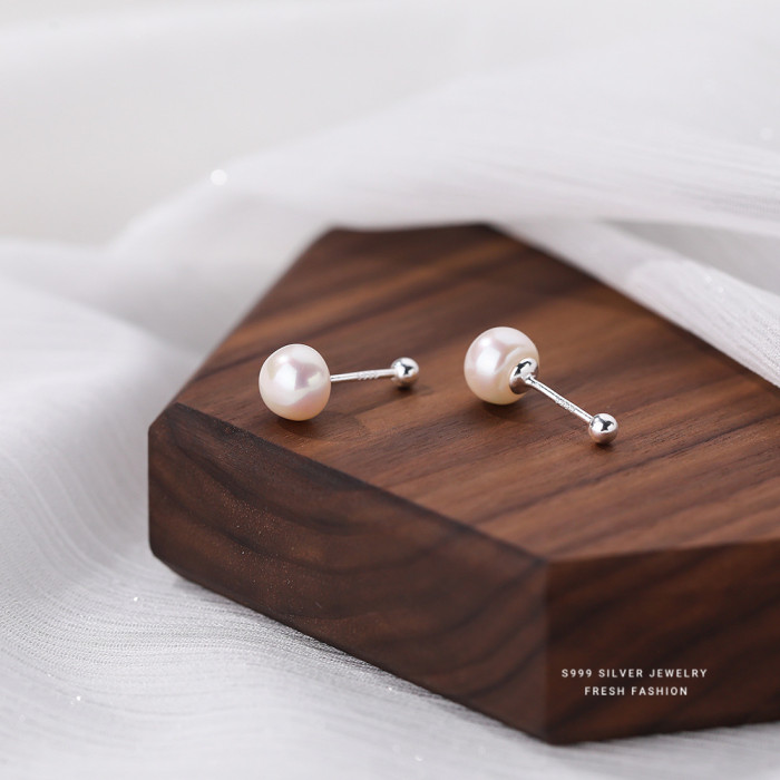 S999 Pure Silver Natural Pearl Earrings for Women Minimalist Luxury Design Versatile Elegant No-Picking Ear Piercing Earrings Wholesale