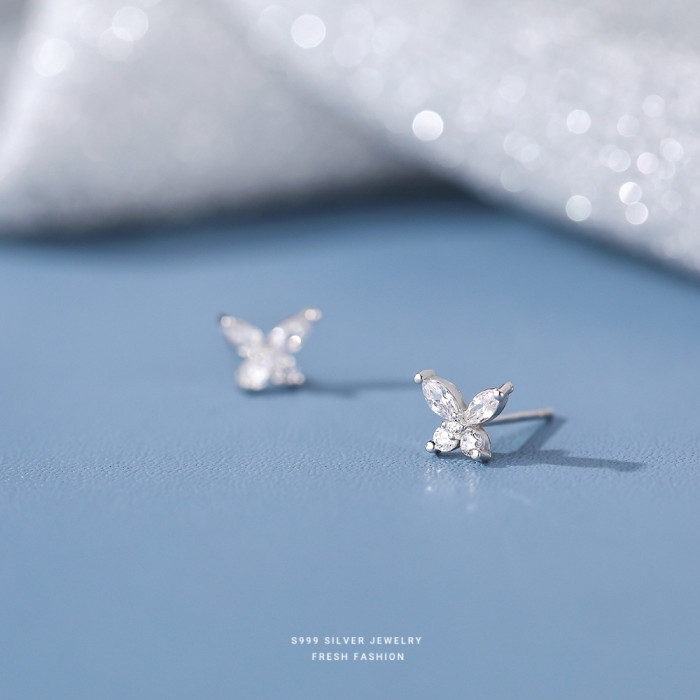 S999 Pure Silver Forest Style Butterfly Zircon Earrings Korean Version Elegant Lady Student Inlaid Diamond Ear Piercing Jewelry for Women Dropshipping
