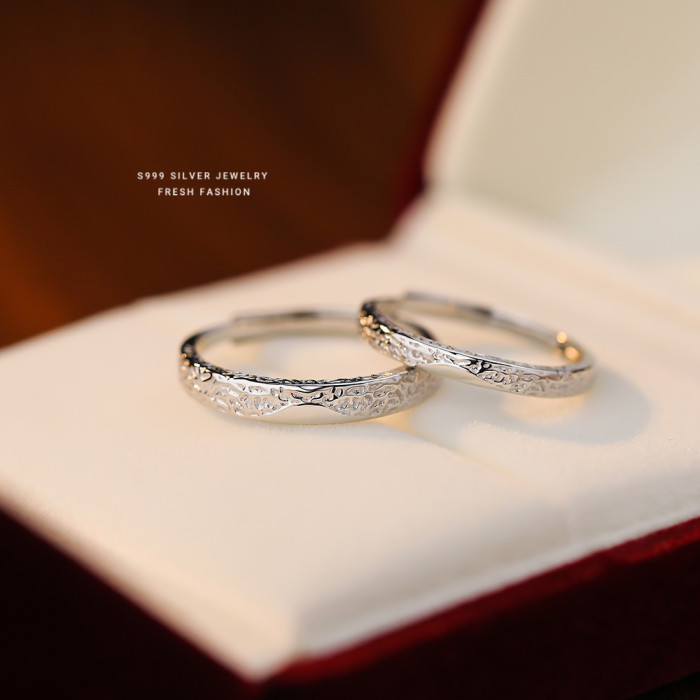 S999 Pure Silver Sweet Erosion Glacier Couple Rings Niche Design Sense Pure Silver Rings High-end Sense Simple Engrav...
