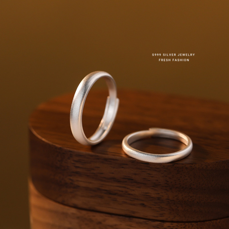 S999 Pure Silver Simple Sand Surface Couple Rings Plain Band Pure Silver Pair Rings Perfect Match Valentine's Day Qixi Festival Gift