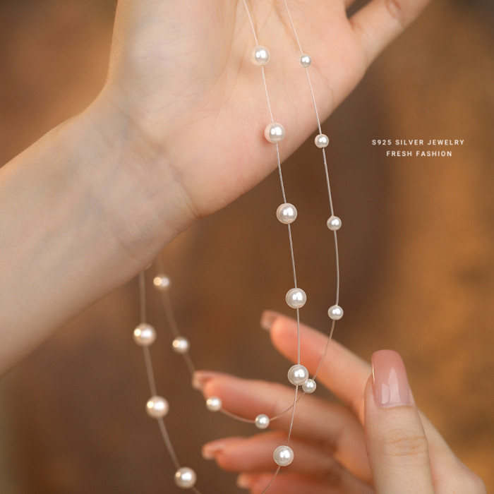 Celebrity Style Double Layer Fish Line Pearl Necklace for Women, Ins Style Layering French Light Luxury Shijia Pearl Collarbone Chain Wholesale