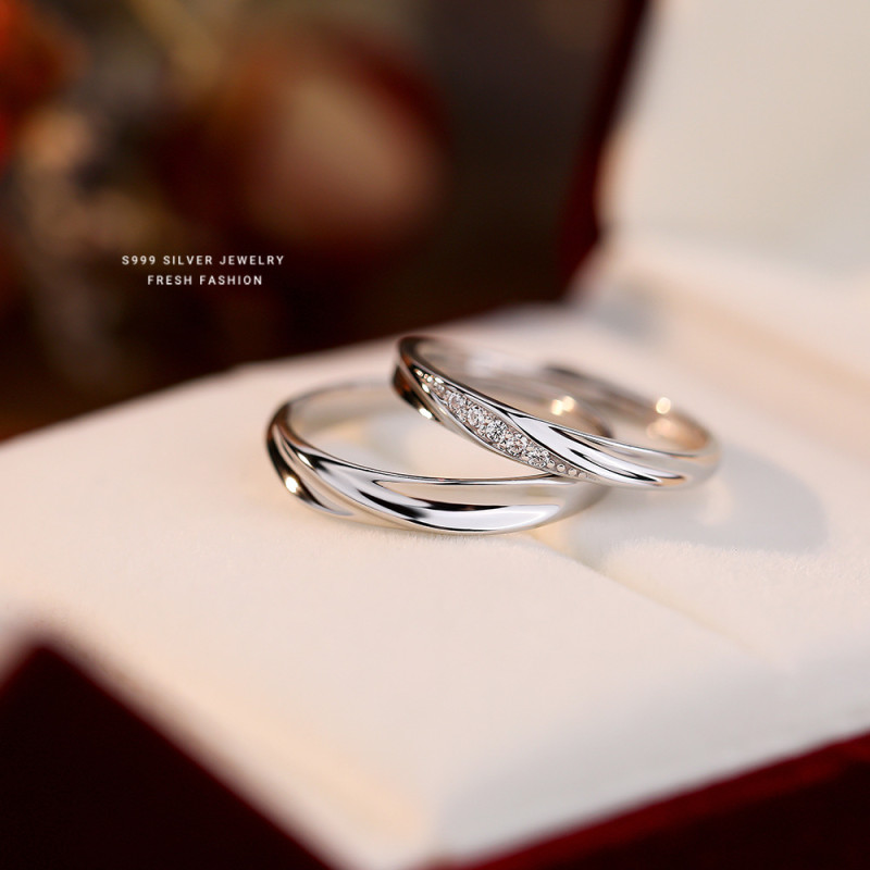 Together in Love River S999 Pure Silver Ring Simple Light Luxury Micro Paved Zircon Solid Silver Couple Rings Valentine's Day Matching Rings
