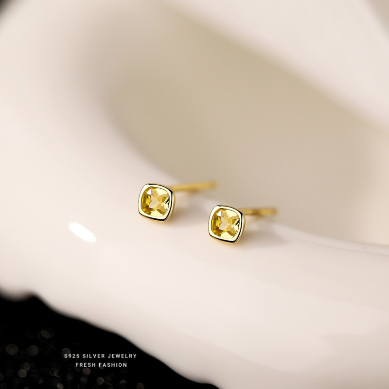 S925 Sterling Silver Yellow Square Diamond Earrings for Women, Light Luxury Geometric Square Niche Design, Light Luxury Feel Earrings, Jewelry Wholesale