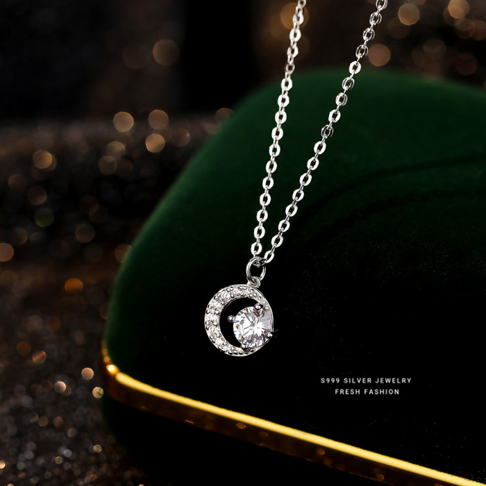 S999 Sterling Silver Crescent Shiny Zircon Necklace for Women Light Luxury High-Grade Special-Interest Design Moissanite Pure Silver Clavicle Chain