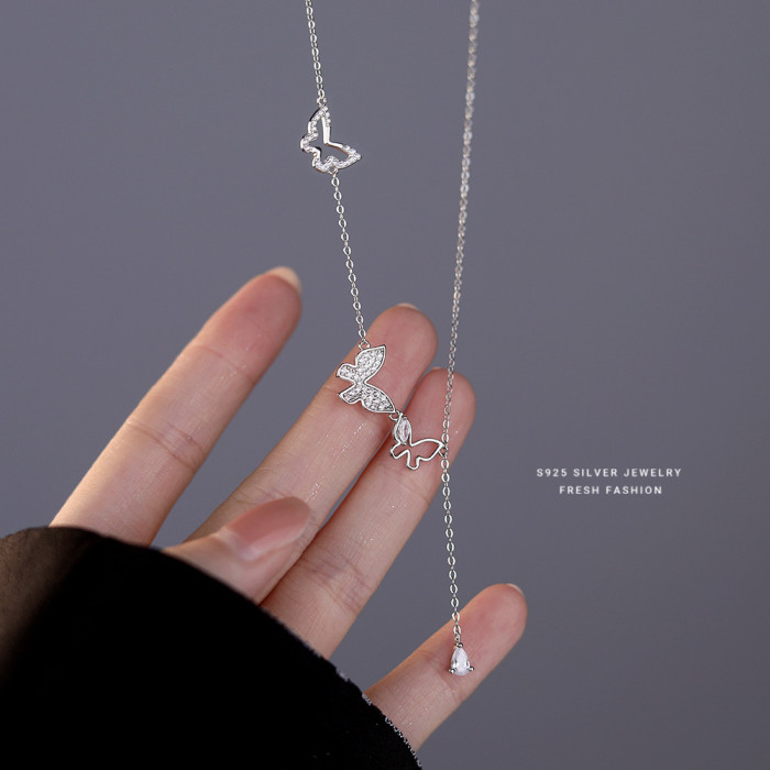 S925 Sterling Silver Butterfly Tassel Pendant Necklace for Women, Light Luxury Internet Celebrity Mori Style Niche Design with Inlaid Diamonds, Collarbone Chain Silver Jewelry