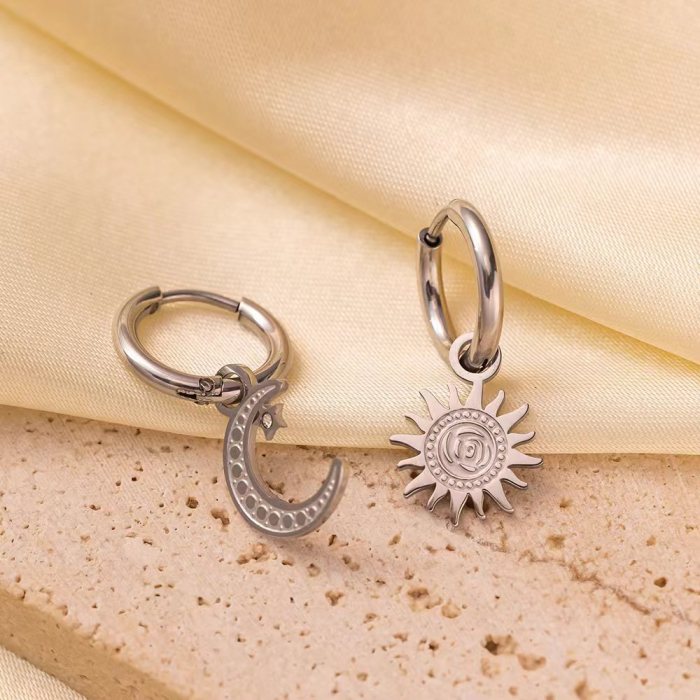 Sun and Moon Stainless Steel Earrings Simple Moon Sun Earrings Asymmetric Rhinestone Drop Earrings High-end Titanium...