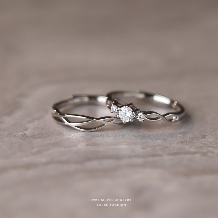 S925 Sterling Silver Qixi Valentine's Day Simple Line Zircon Couple Rings Personalized Hollow Design Unisex Adjustabl...