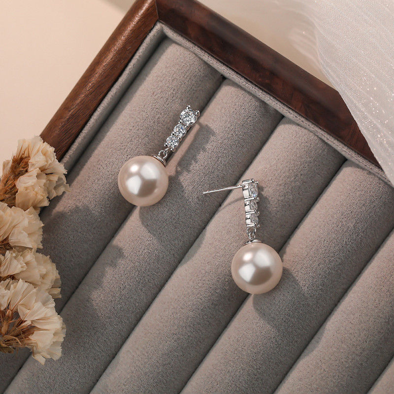 S999 Pure Silver French Micro Inlaid Pearl Earrings for Women, Starry Sky Tassel Shijia Pearl Studs, Light Luxury High-end Feel