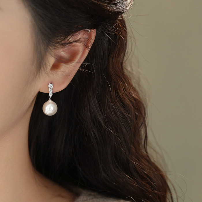 S999 Pure Silver French Micro Inlaid Pearl Earrings for Women, Starry Sky Tassel Shijia Pearl Studs, Light Luxury High-end Feel