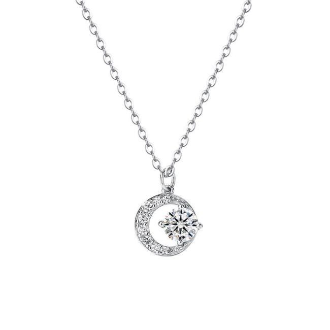 S999 Sterling Silver Crescent Shiny Zircon Necklace for Women Light Luxury High-Grade Special-Interest Design Moissanite Pure Silver Clavicle Chain