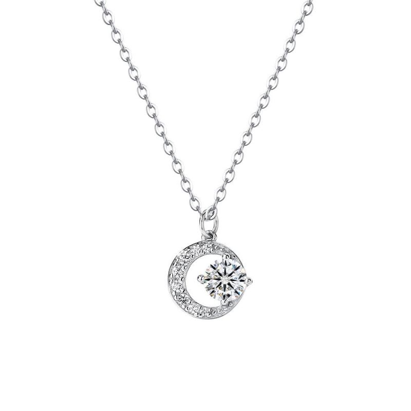 S999 Sterling Silver Crescent Shiny Zircon Necklace for Women Light Luxury High-Grade Special-Interest Design Moissanite Pure Silver Clavicle Chain