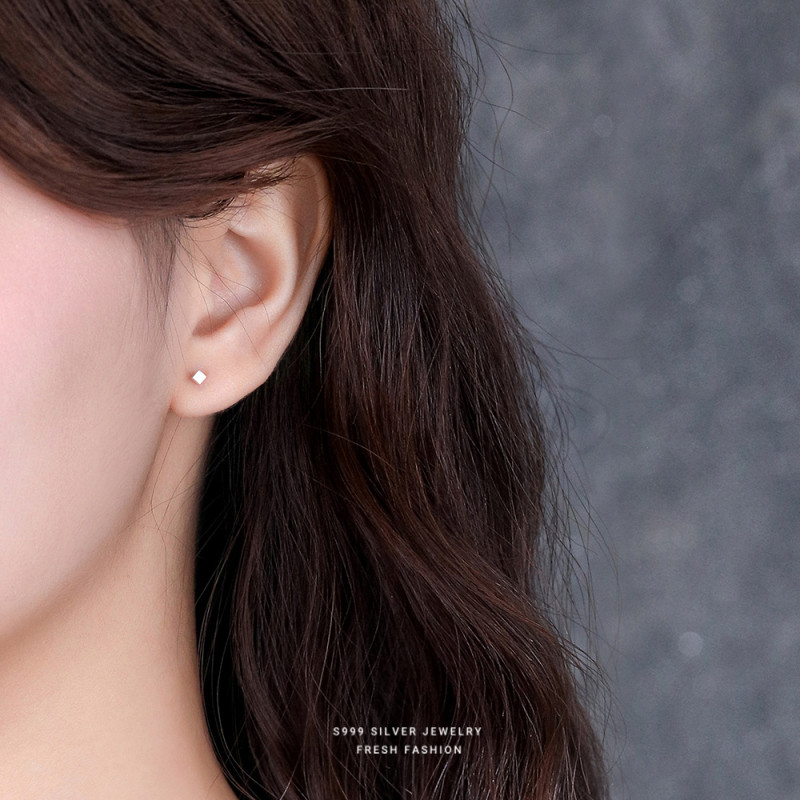 S999 Pure Silver Simple Versatile Round Bead Cube Geometric Stud Earrings Mini Ear Piercing Jewelry Wholesale