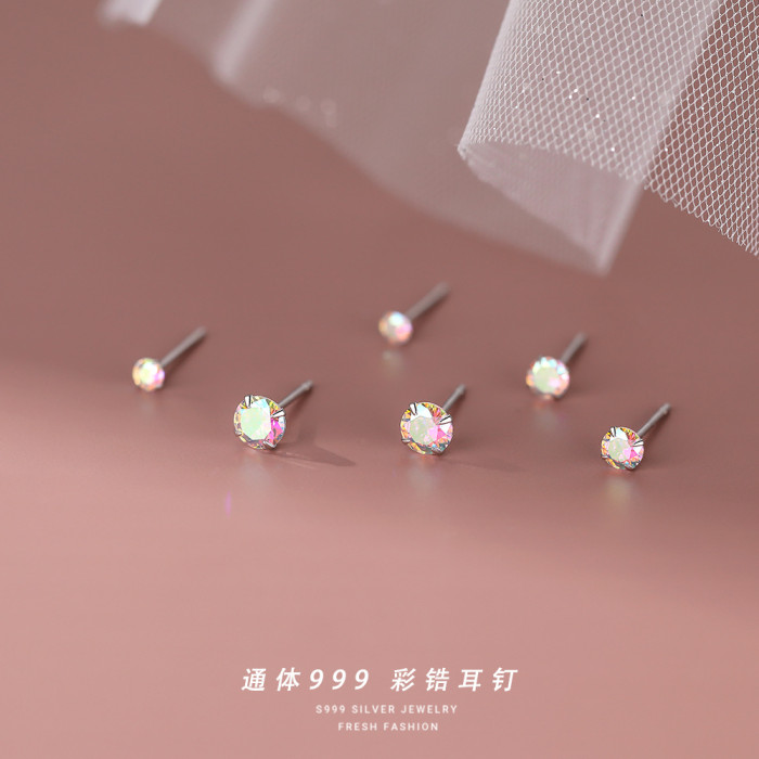 S999 Pure Silver Iridescent Zircon Earrings for Women, Brilliant and Sparkling, Versatile and Petite, INS Mini Pure Silver Ear Jewelry for Pierced Ears