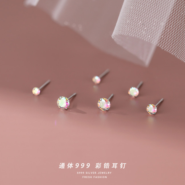 S999 Pure Silver Iridescent Zircon Earrings for Women, Brilliant and Sparkling, Versatile and Petite, INS Mini Pure Silver Ear Jewelry for Pierced Ears