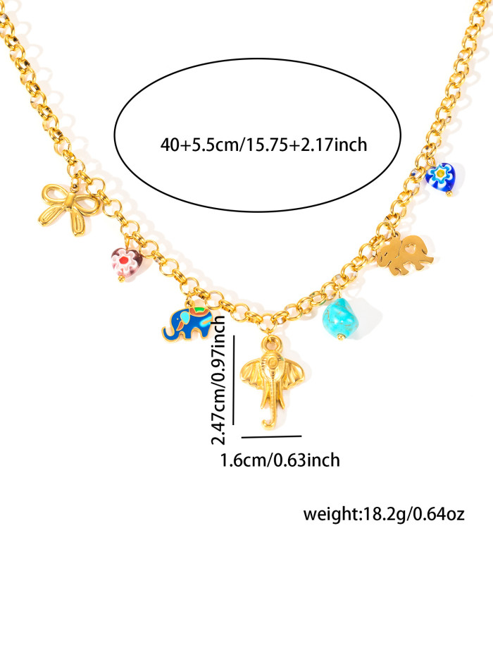 Stainless Steel Necklace Bowknot Elephant Oil Drop Necklace Niche Design Bohemian Gold Plated Titanium Steel Necklace...