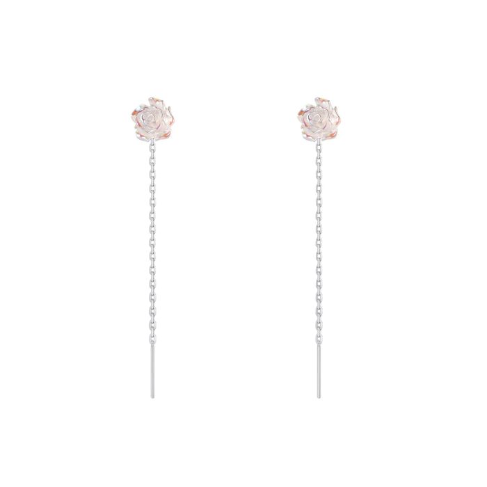 Iridescent White Rose Flower Ear Thread Female S925 Sterling Silver Light Luxury High Sense Sweet Tassel Stud Earrings Elegant Ear Jewelry Dropshipping