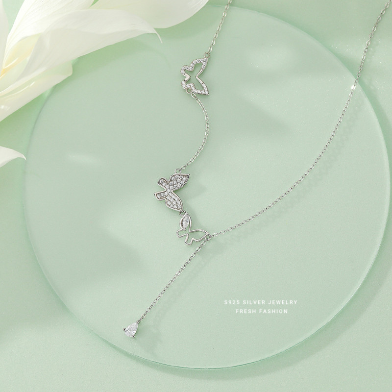 S925 Sterling Silver Butterfly Tassel Pendant Necklace for Women, Light Luxury Internet Celebrity Mori Style Niche Design with Inlaid Diamonds, Collarbone Chain Silver Jewelry