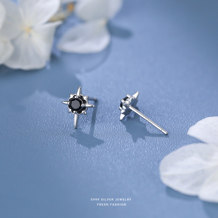 S999 Pure Silver Eight-Pointed Star Earrings for Women Fashionable Light Luxury Star Earrings Niche Black and White Inlaid Zircon Ear Piercing Care