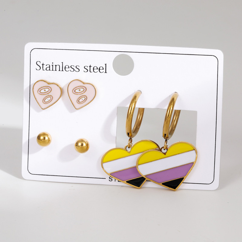 Stainless Steel Earring Set Light Luxury High-End Oil Drop Heart Rainbow Earrings Niche Design Sense Cross-Border Titanium Steel Earrings