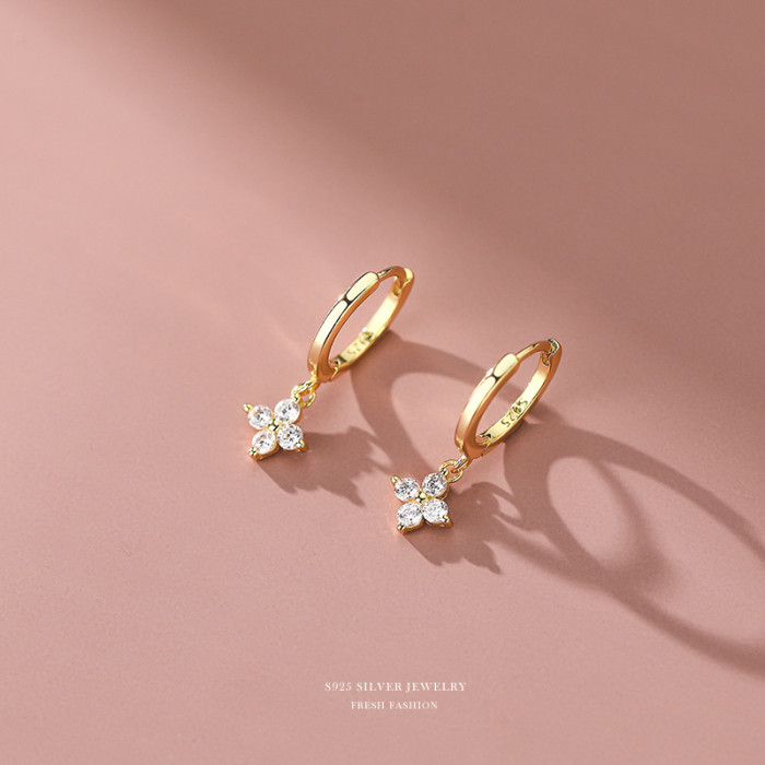 S925 Silver Flower Sweet Ear Clip Korean Style Simple Graceful Diamond Four-Leaf Flower Ear Rings Live Wholesale