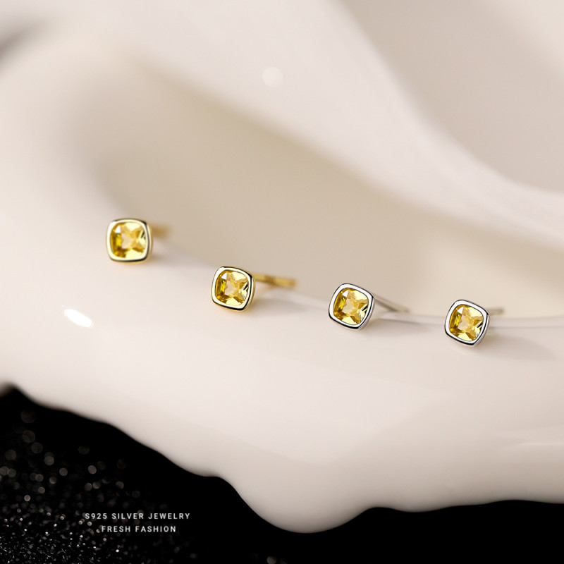 S925 Sterling Silver Yellow Square Diamond Earrings for Women, Light Luxury Geometric Square Niche Design, Light Luxury Feel Earrings, Jewelry Wholesale