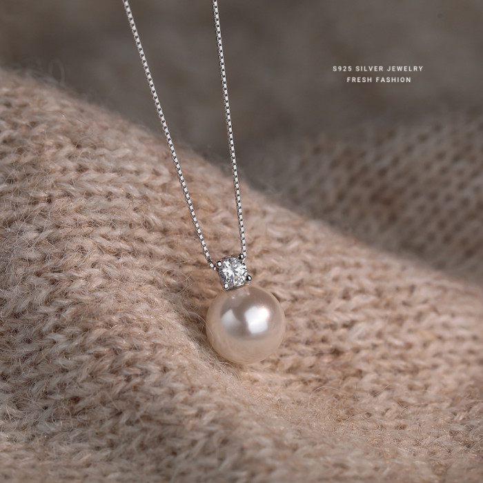 Classic Versatile Single Diamond Shijia Pearl Necklace for Women S925 Sterling Silver Clavicle Chain High-end Light Luxury Sweater Chain Dropshipping