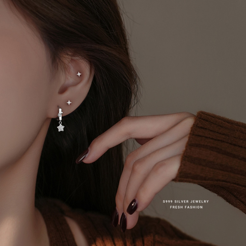 Yun Xiaoshu Small and Exquisite Star Earrings for Women S999 Sterling Silver Four-Pointed Star Simple Geometric Pure Silver Earrings Wholesale