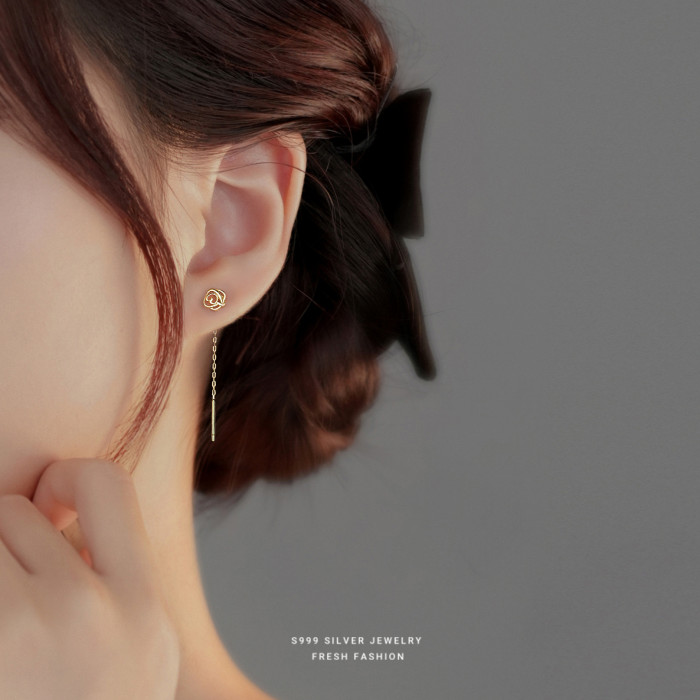 s999 Pure Silver Hollow Rose Tassel Earrings for Women, Light Luxury Elegant French Retro Ear Thread Earrings, Flower Ear Jewelry