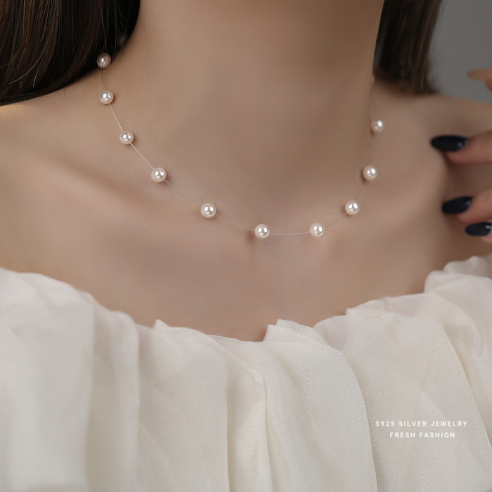 Celebrity Style Double Layer Fish Line Pearl Necklace for Women, Ins Style Layering French Light Luxury Shijia Pearl Collarbone Chain Wholesale