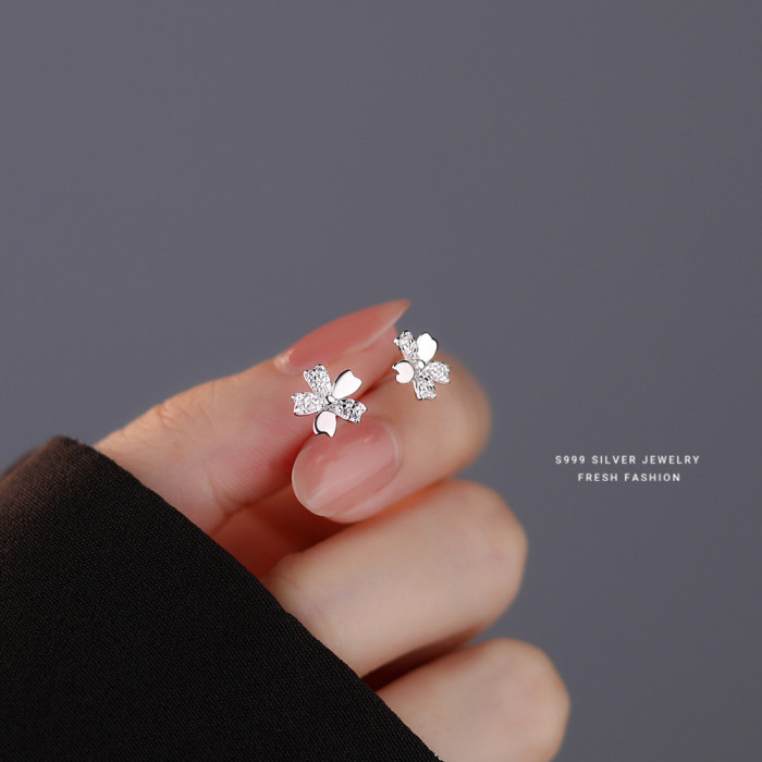 S999 Pure Silver Inlaid Diamond Cherry Blossom Earrings for Women Simple Light Luxury Fresh Sweet Girly Flower Earrings Wholesale